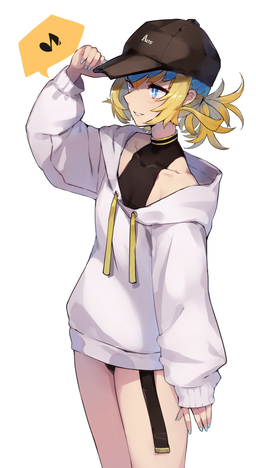 1girl baseball_cap blonde_hair blue_eyes blue_nails blush collarbone commentary_request diadem fate/grand_order fate_(series) gyukaku400 hat highres holding holding_hat hood hood_down hooded hooded_vest hoodie lips nail parted_lips pollux_(fate/grand_order) short_hair simple_background smile solo teeth vest white_background white_vest