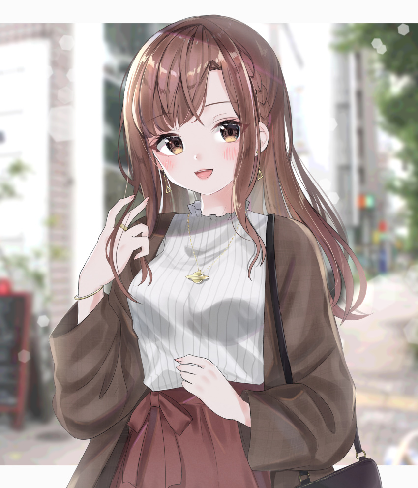 1girl :d absurdres bag blurry blurry_background blush bracelet braid brown_eyes brown_hair brown_jacket day earrings hand_up handbag highres jacket jewelry looking_at_viewer masyu_jyaga necklace open_mouth original outdoors ribbed_shirt ring shirt smile upper_body white_shirt