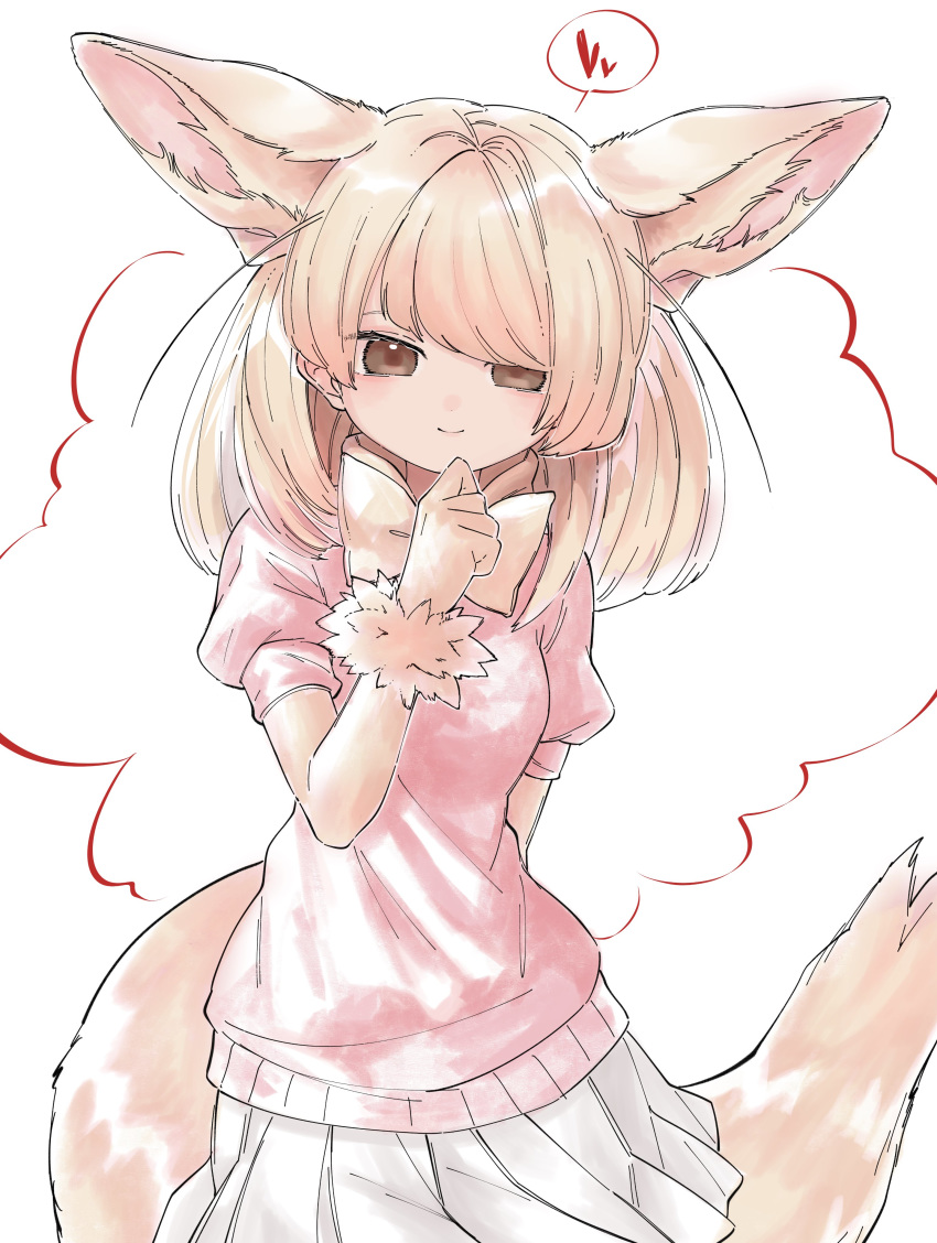 1girl absurdres animal_ears bangs blonde_hair bow bowtie brown_eyes fennec_(kemono_friends) fox_ears grey_skirt hand_on_own_chin highres kemono_friends medium_hair notora pink_sweater skirt solo sweater tail