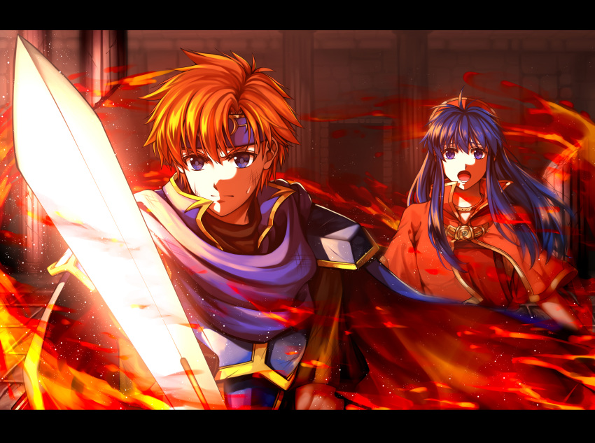1boy 1girl absurdres blue_cape blue_eyes blue_hair blue_headband breastplate bruise_on_face cape capelet closed_mouth delsaber fire fire_emblem fire_emblem:_the_binding_blade floating_hair hair_tubes headband highres holding holding_sword holding_weapon indoors lilina_(fire_emblem) long_hair open_mouth orange_hair red_capelet red_shirt roy_(fire_emblem) shiny shiny_hair shirt short_sleeves shoulder_armor spaulders standing sword upper_body weapon