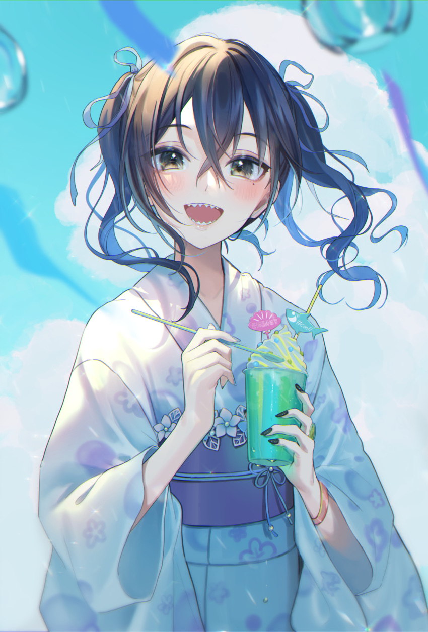 1girl :d absurdres bangs black_hair black_nails blue_kimono blue_ribbon blush bracelet brown_eyes clouds commentary_request cup day fingernails floral_print food hair_between_eyes hair_ribbon highres holding holding_cup ice_cream ice_cream_spoon idolmaster idolmaster_cinderella_girls japanese_clothes jewelry kimono long_sleeves looking_at_viewer magako mole mole_under_eye nail_polish obi open_mouth outdoors print_kimono ribbon sash sharp_teeth short_hair short_twintails smile solo spoon sunazuka_akira teeth twintails upper_body wide_sleeves wind_chime yukata