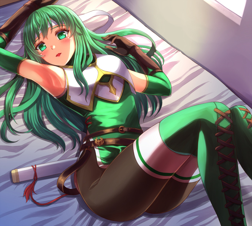1girl arm_up armpits bed_sheet black_pants boots breastplate brown_gloves detached_sleeves fire_emblem fire_emblem:_mystery_of_the_emblem from_above gloves green_eyes green_footwear green_hair green_sleeves headband highres long_hair long_sleeves looking_at_viewer lying on_back open_mouth palla_(fire_emblem) pants sheath shiny shiny_hair solo thigh-highs thigh_boots tunic very_long_hair white_headband white_legwear youzu