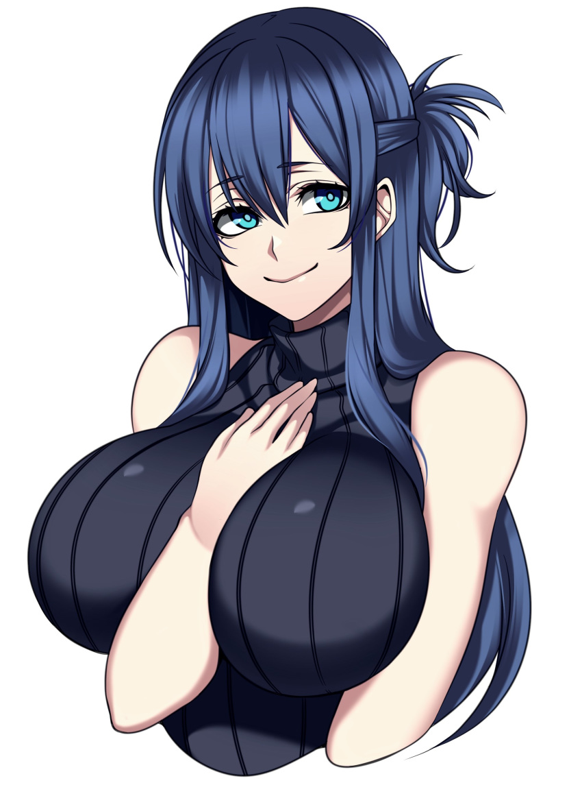 1girl absurdres between_breasts blue_eyes blue_hair breasts camui_kamui dark_blue_hair hand_between_breasts highres large_breasts long_hair looking_to_the_side original ribbed_sweater sidelocks simple_background sleeveless sleeveless_sweater smile sweater tied_hair upper_body white_background