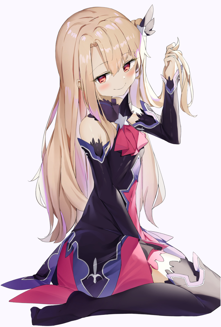 1girl absurdres bangs bare_shoulders black_legwear black_sleeves blonde_hair blush breasts commentary detached_sleeves dress eyebrows_visible_through_hair fate/kaleid_liner_prisma_illya fate_(series) hair_ornament highres illyasviel_von_einzbern long_hair looking_at_viewer no_shoes red_eyes simple_background sitting small_breasts smile sog-igeobughae solo star_(symbol) testament_(fate) thigh-highs white_background