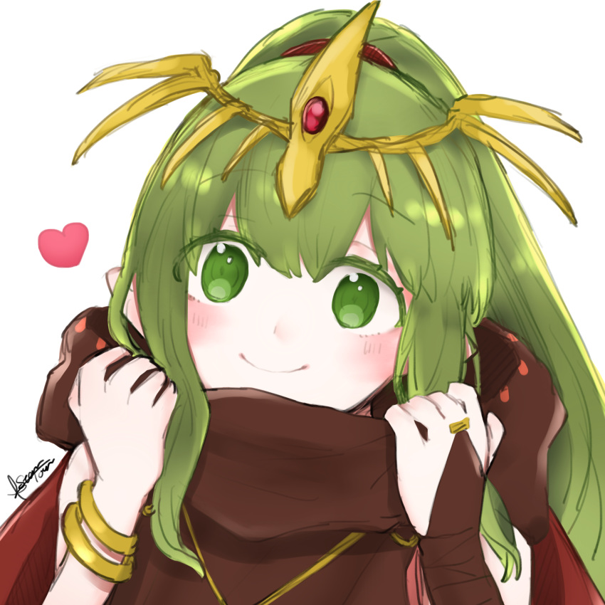 1girl 504723f bangs blush bracelet bridal_gauntlets closed_mouth diadem eyebrows_visible_through_hair fire_emblem fire_emblem:_mystery_of_the_emblem green_eyes green_hair heart high_ponytail highres jewelry long_hair ponytail shiny shiny_hair signature simple_background sketch smile solo tiki_(fire_emblem) very_long_hair white_background