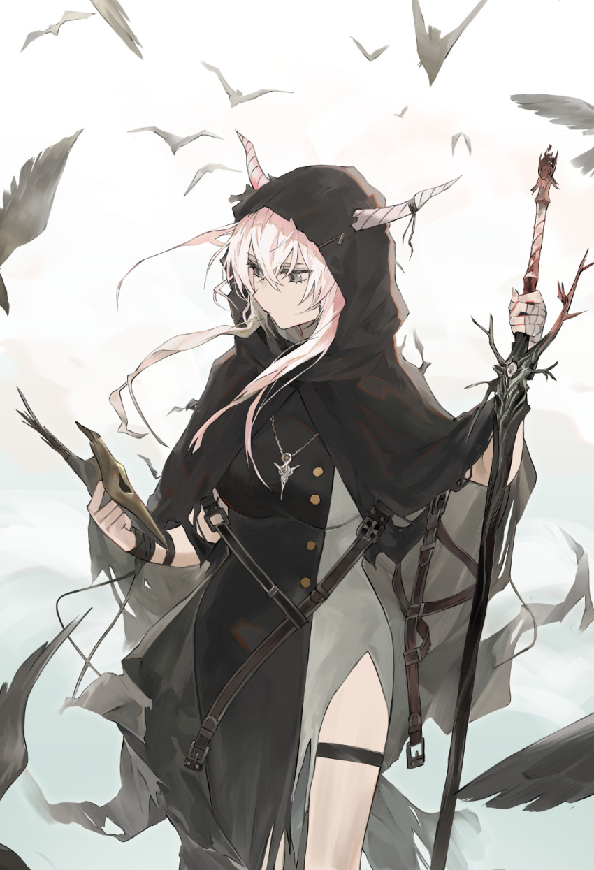 1girl arknights bird black_cloak black_dress breasts cloak commentary_request cowboy_shot dress grey_eyes highres holding holding_mask hood hooded_cloak horns jewelry koio long_hair mask partial_commentary pendant shining_(arknights) silver_hair small_breasts solo standing thigh_strap