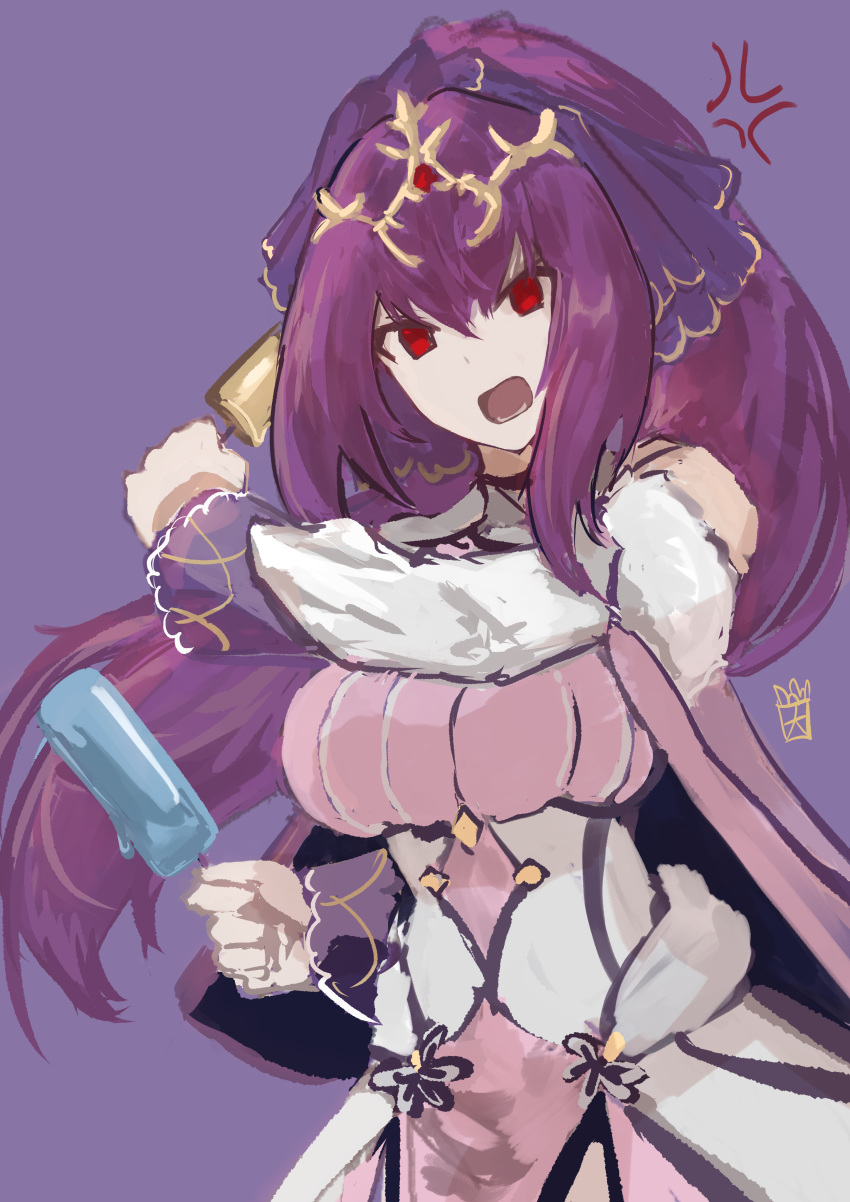 1girl absurdres anger_vein bangs bare_shoulders breasts capelet dress fate/grand_order fate_(series) food fur-trimmed_dress fur_trim hair_between_eyes hair_ribbon highres large_breasts long_hair looking_at_viewer ootato open_mouth ponytail popsicle purple_dress purple_hair purple_ribbon red_eyes ribbon scathach_(fate)_(all) scathach_skadi_(fate/grand_order) simple_background tiara