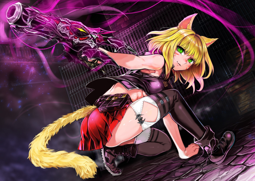 1girl absurdres animal_ears black_footwear black_legwear blonde_hair cat_ears cat_tail crate eyebrows_visible_through_hair eyes_visible_through_hair final_fantasy final_fantasy_xiv glowing glowing_weapon green_eyes gun highres holding holding_gun holding_weapon huge_filesize medium_hair michihisa! miqo'te one_knee parted_lips red_skirt shiny shiny_skin skirt smile solo tail thigh-highs weapon whisker_markings
