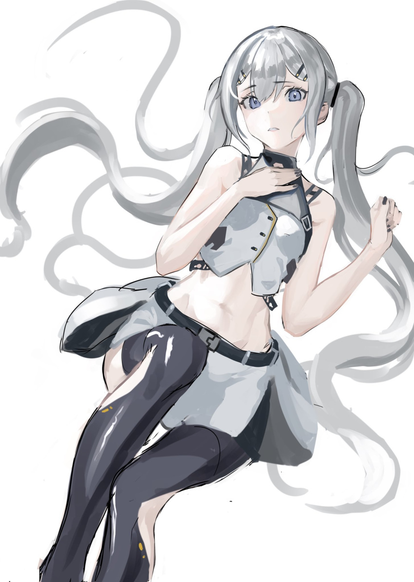 1girl asagon007 bare_arms bare_shoulders belt black_legwear black_nails blue_eyes breasts crop_top dress_shirt grey_shirt grey_skirt groin hair_ornament hairclip hands_up highres long_hair looking_at_viewer midriff miniskirt nail_polish navel original pantyhose parted_lips shirt sidelocks silver_hair simple_background skirt sleeveless sleeveless_shirt small_breasts solo stomach thigh-highs very_long_hair white_background