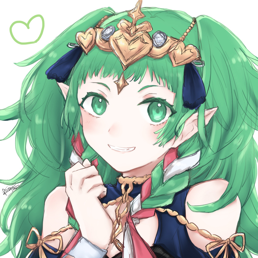 1girl 504723f bangs diadem fire_emblem fire_emblem:_three_houses green_eyes green_hair grin heart highres log long_hair pointy_ears portrait shiny shiny_hair signature simple_background smile solo sothis_(fire_emblem) very_long_hair white_background