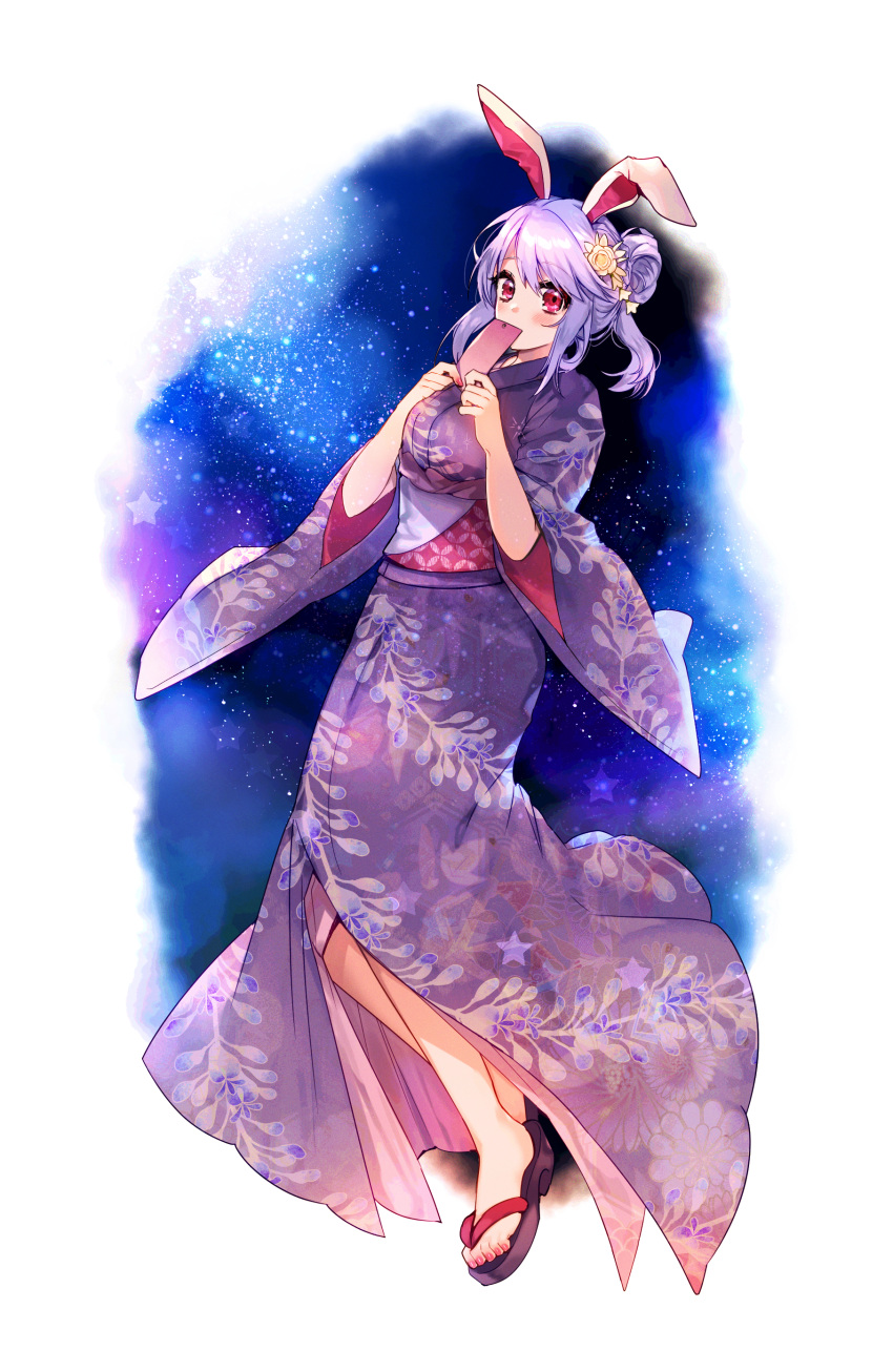 1girl absurdres alternate_hairstyle animal_ears breasts chiori_(pixiv9569926) eyebrows_visible_through_hair hair_bun hair_ornament highres holding japanese_clothes kimono long_sleeves looking_at_viewer medium_breasts nail_polish night night_sky obi purple_hair rabbit_ears red_eyes reisen_udongein_inaba sandals sash short_twintails sidelocks sky touhou twintails