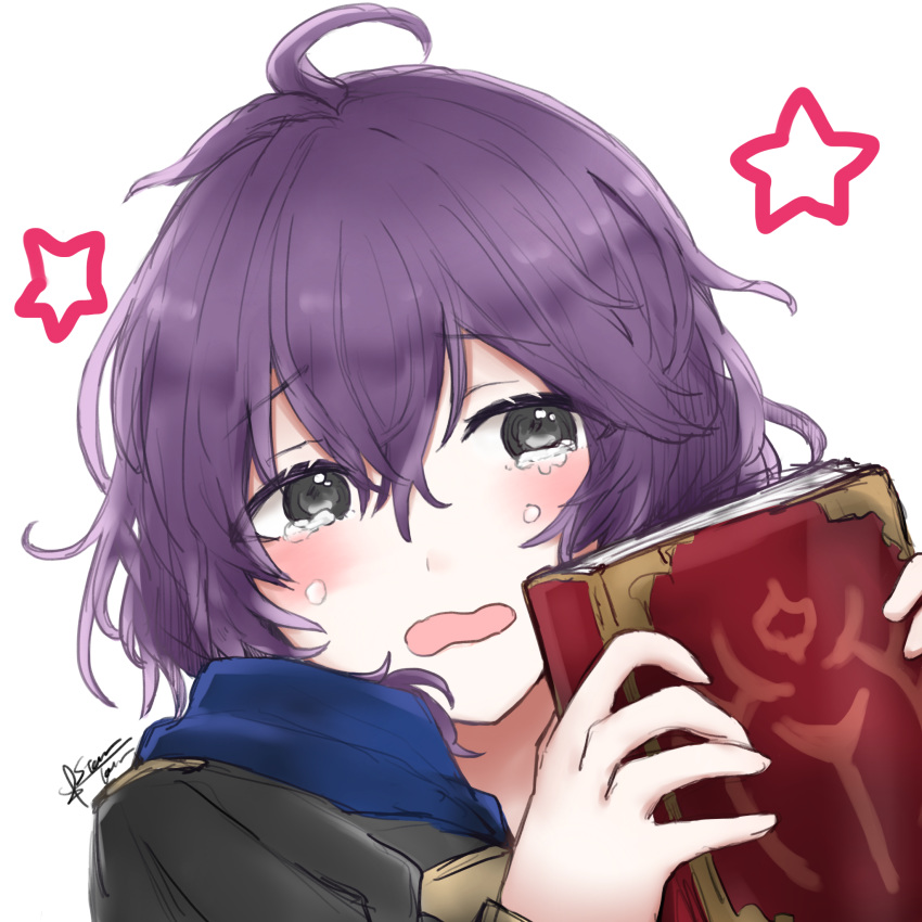 1girl 504723f ahoge bangs bernadetta_von_varley black_eyes blush crying eyebrows_visible_through_hair fire_emblem fire_emblem:_three_houses hair_between_eyes highres holding open_mouth portrait purple_hair shiny shiny_hair short_hair signature simple_background solo star_(symbol) tears wavy_mouth white_background