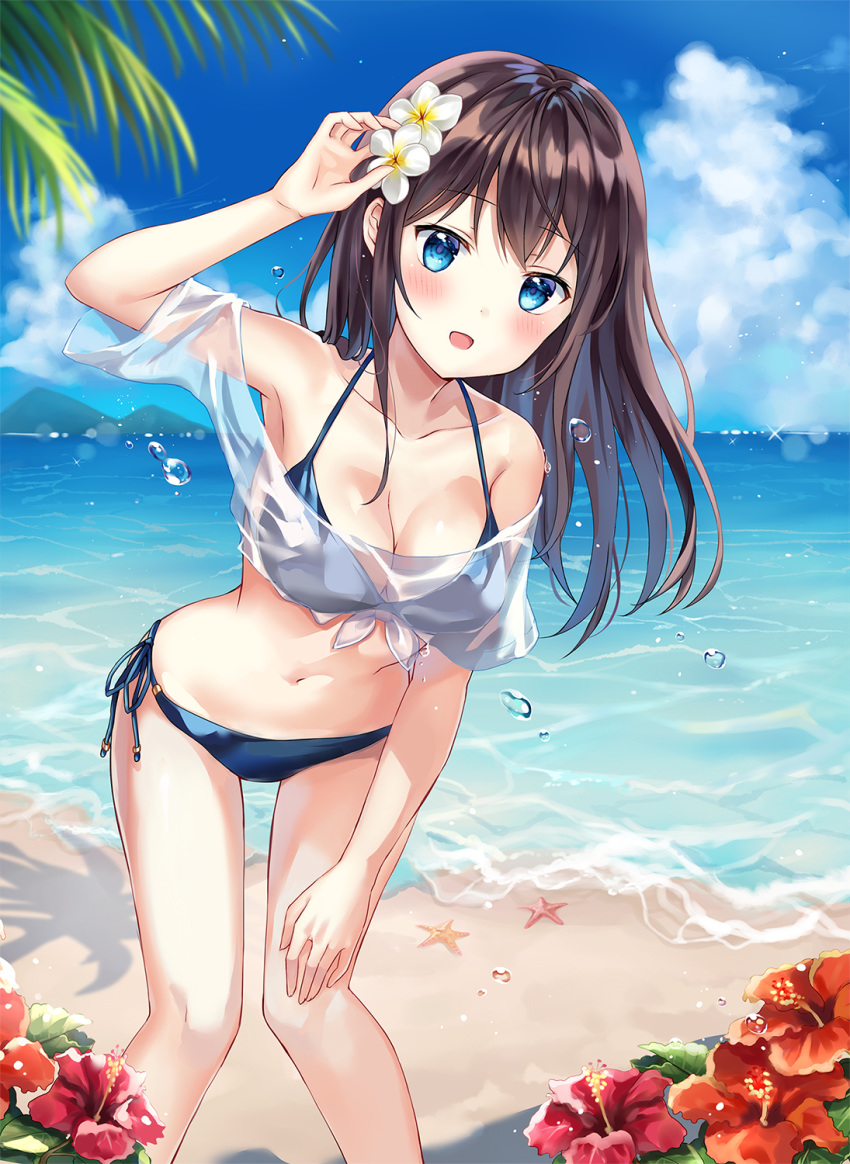 1girl :d arm_up armpits bangs bare_legs bare_shoulders beach bikini black_hair blue_bikini blue_eyes blush clouds commentary crop_top day eyebrows_visible_through_hair feet_out_of_frame flower front-tie_top hair_flower hair_ornament halter_top halterneck hibiscus highres long_hair looking_at_viewer mayo_(miyusa) midriff navel ocean off-shoulder_shirt off_shoulder open_mouth original outdoors palm_leaf red_flower see-through shirt short_sleeves side-tie_bikini sky smile solo standing stomach string_bikini swimsuit thighs tied_shirt water white_flower white_shirt