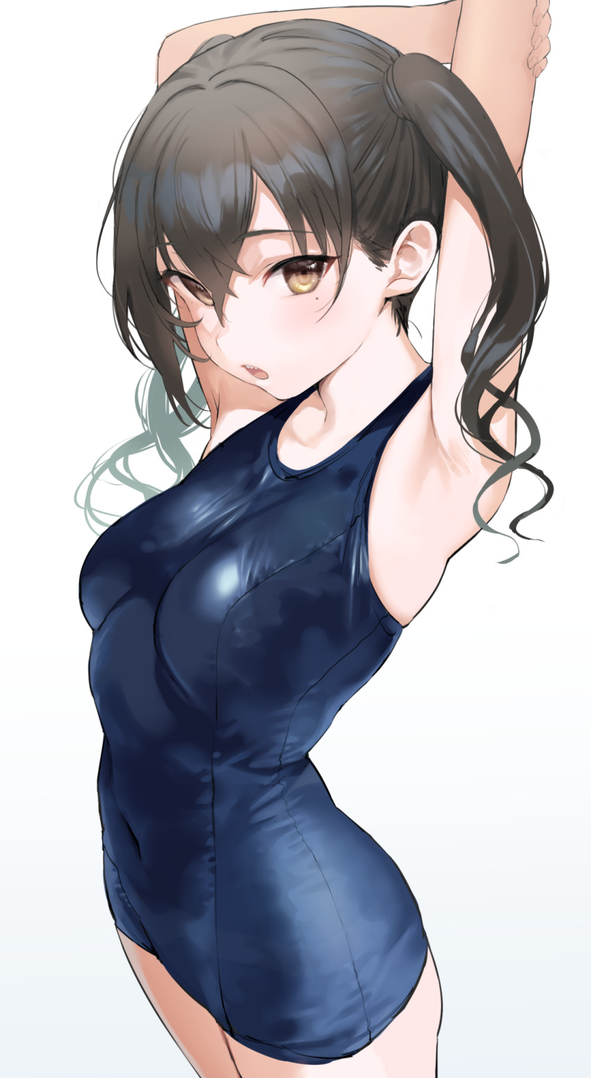 1girl armpits arms_up bangs bare_shoulders black_hair blue_swimsuit blush breasts brown_eyes highres idolmaster idolmaster_cinderella_girls long_hair looking_at_viewer medium_breasts nekoshoko one-piece_swimsuit open_mouth simple_background sunazuka_akira swimsuit twintails wet