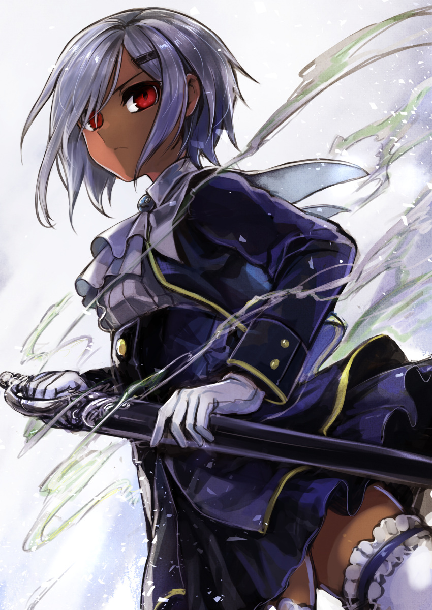 1girl absurdres character_request closed_mouth dark_skin frilled_legwear frills gloves hair_ornament hairclip highres holding holding_sheath holding_sword holding_weapon huge_filesize michihisa! original red_eyes scabbard sheath short_hair silver_hair solo steam sword weapon white_gloves white_legwear