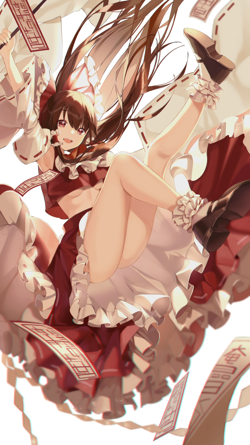 1girl absurdres bow breasts brown_hair buri_(retty9349) crop_top detached_sleeves eyebrows_visible_through_hair frilled_bow frilled_skirt frills hair_bow hair_tubes hakurei_reimu highres legs legs_up long_hair looking_at_viewer medium_breasts ofuda open_mouth red_eyes red_skirt ribbon-trimmed_sleeves ribbon_trim skirt skirt_set solo touhou under_boob wide_sleeves