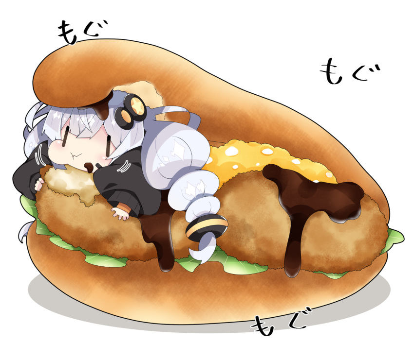 1girl :t black_jacket braid chibi closed_mouth commentary_request croquette eating food food_on_face food_on_hair food_on_head hair_ornament headset in_food jacket kizuna_akari long_hair long_sleeves milkpanda minigirl object_on_head puffy_long_sleeves puffy_sleeves shadow silver_hair solo star_(symbol) translation_request twin_braids twintails voiceroid wavy_mouth white_background