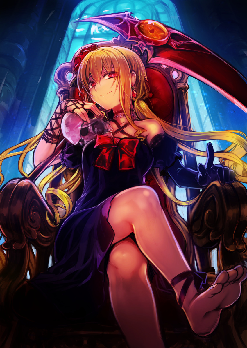 1girl absurdres bare_shoulders barefoot black_gloves blonde_hair bow chair choker collarbone crossed_legs earrings eyebrows_visible_through_hair eyes_visible_through_hair fingernails gem gloves hair_between_eyes highres holding holding_scythe holding_skull holding_weapon indoors jewelry living_weapon long_hair michihisa! original red_bow red_eyes red_neckwear scythe sitting skull smile solo toenails weapon window