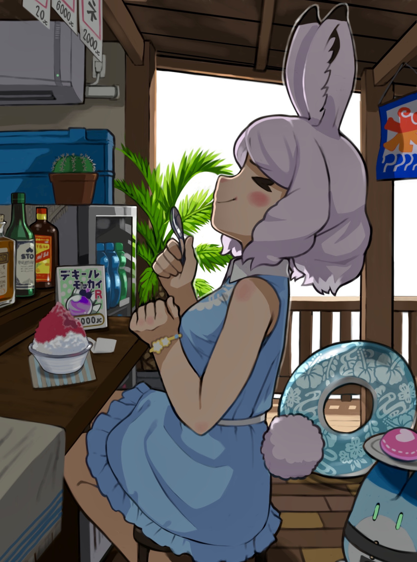 &gt;_&lt; 1girl adapted_costume air_conditioner animal_ears arctic_hare_(kemono_friends) bare_shoulders beach_house black_hair blue_dress blush bottle bracelet brain_freeze bunny_girl bunny_tail cactus closed_eyes collared_dress commentary_request dress eating food frilled_dress frills highres holding holding_spoon innertube japari_bun jewelry kemono_friends lucky_beast_(kemono_friends) multicolored_hair plant potted_plant rabbit_ears rinx shaved_ice short_hair sitting sleeveless sleeveless_dress smile solo spoon tail tail_through_clothes white_hair