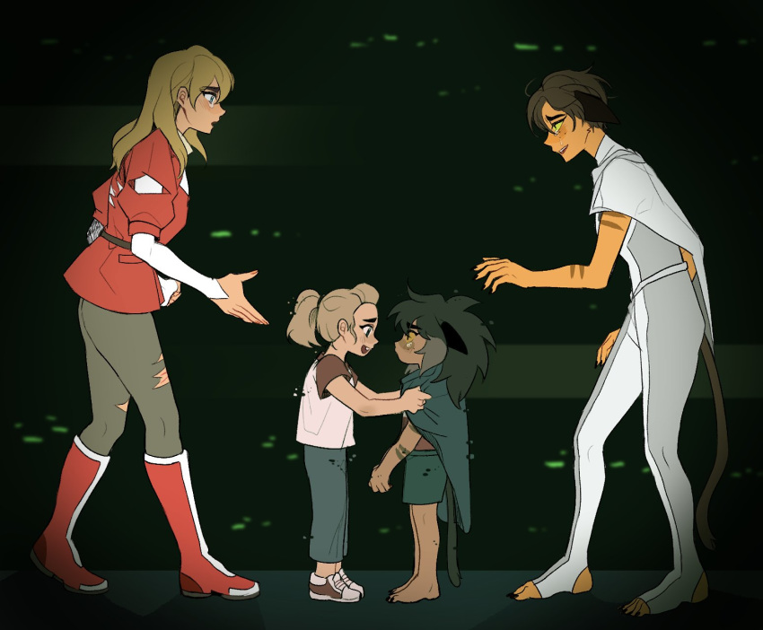 2girls adora_(she-ra) alternate_hairstyle animal_ears blonde_hair brown_hair cat_ears cat_girl cat_tail catra child crying full_body halang_rubsas2 highres long_hair multiple_girls reaching_out she-ra_and_the_princesses_of_power short_hair tail tears