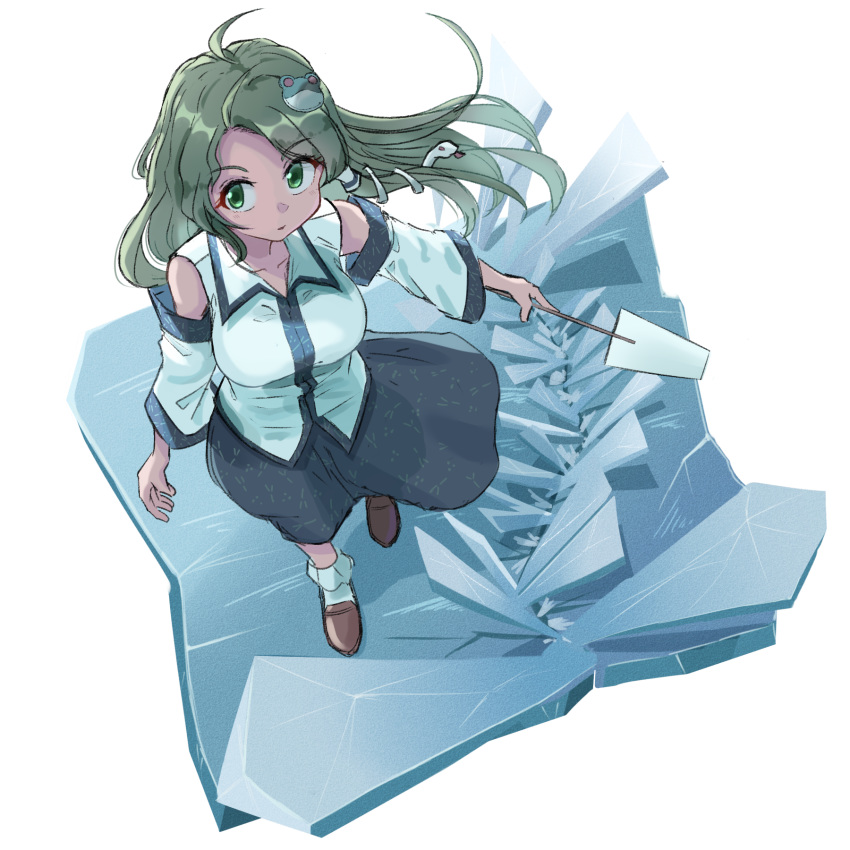 1girl 5alive ahoge arm_at_side bangs blue_skirt bobby_socks breasts brown_footwear collared_shirt commentary_request detached_sleeves eyebrows_visible_through_hair floating_hair frog_hair_ornament from_above gohei green_eyes green_hair hair_ornament hair_tubes highres holding kochiya_sanae loafers long_hair long_skirt looking_at_viewer medium_breasts outstretched_arm parted_bangs parted_lips shirt shoes sidelocks sideways_glance simple_background skirt sleeveless sleeveless_shirt snake_hair_ornament socks solo touhou white_background white_legwear white_shirt