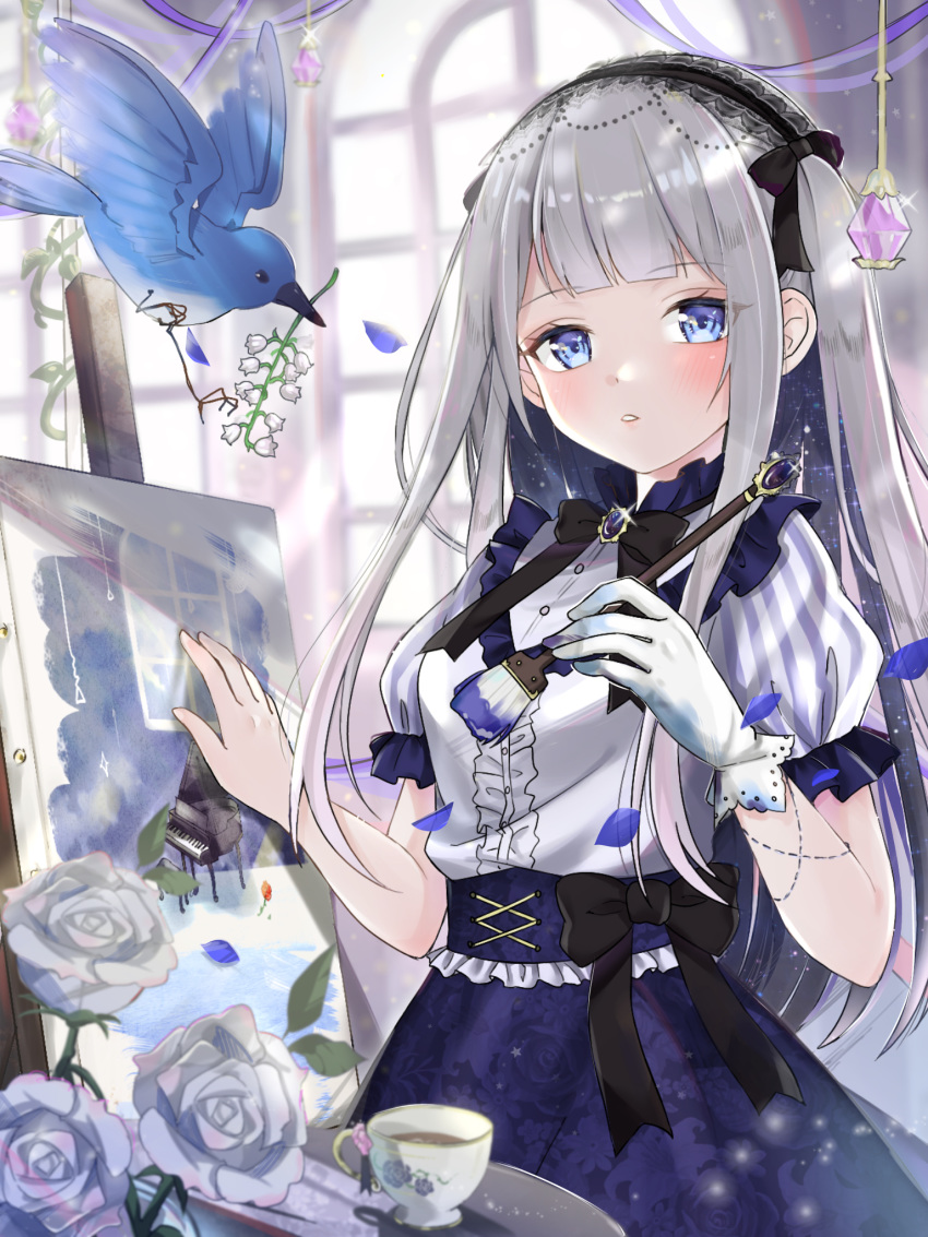 1girl bangs bird black_bow blue_eyes blunt_bangs blush bow brooch dress flower glint gloves highres holding holding_paintbrush indoors jewelry lily_of_the_valley looking_at_viewer masyu_jyaga original paintbrush painting painting_(object) rose silver_hair solo white_flower white_gloves white_rose window