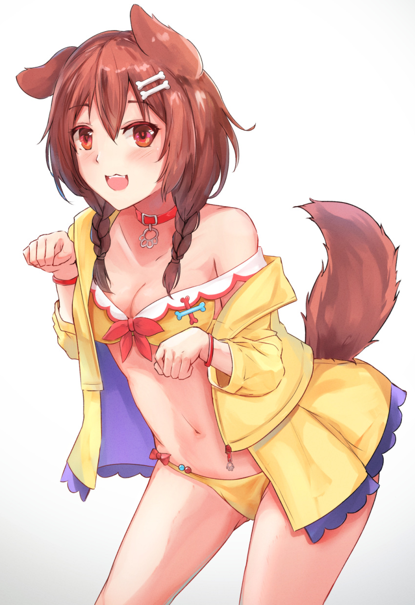 1girl animal_ears bangs bikini bone_hair_ornament braid breasts brown_eyes brown_hair collar dog_collar dog_ears dog_girl dog_tail hair_between_eyes hair_ornament highres hololive inugami_korone jacket jewelry long_hair looking_at_viewer low_twin_braids navel necklace open_mouth shuuzo3 smile solo strap_slip swimsuit tail twin_braids virtual_youtuber