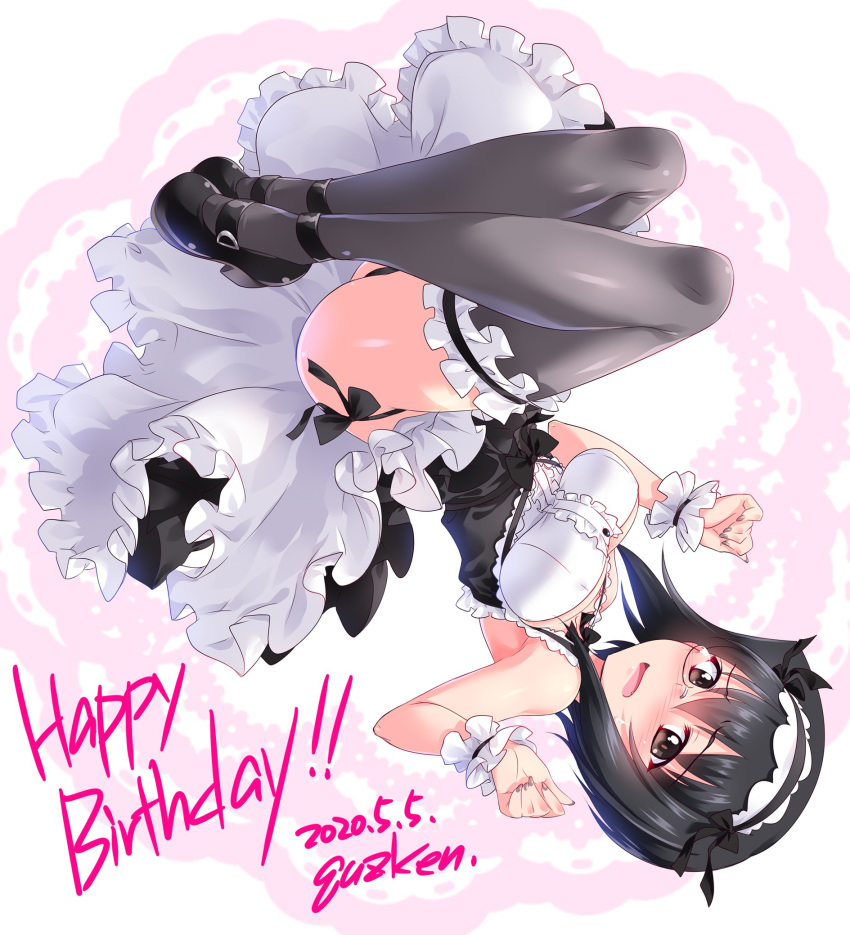 1girl alternate_costume artist_name ass black_hair black_legwear black_panties blush breasts brown_eyes dated enmaided girls_und_panzer glasses happy_birthday highres kawashima_momo kuzuryuu_kennosuke large_breasts maid maid_headdress monocle open_mouth panties shiny shiny_clothes shiny_hair shiny_skin short_hair simple_background solo sweat thigh-highs underwear wrist_cuffs