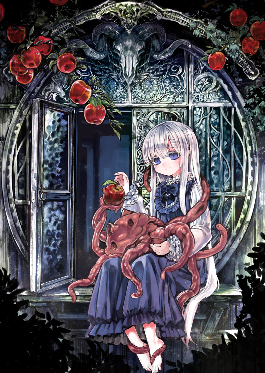 1girl animal_skull apple barefoot blue_bow blue_dress blue_eyes blue_neckwear blush bow closed_mouth dress eldritch_abomination eyebrows_visible_through_hair food frilled_dress frills fruit highres holding holding_food holding_fruit long_hair michihisa! monster open_window original outdoors silhouette silver_hair sitting skull smile tentacles toenails very_long_hair window
