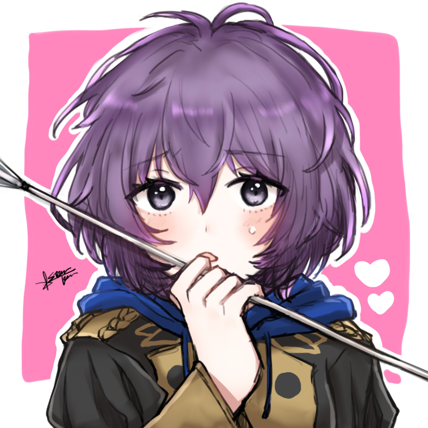 1girl 504723f arrow_(projectile) bangs bernadetta_von_varley black_eyes eyebrows_visible_through_hair fire_emblem fire_emblem:_three_houses hair_between_eyes highres holding_arrow looking_at_viewer pink_background portrait purple_hair shiny shiny_hair short_hair solo sweatdrop two-tone_background white_background