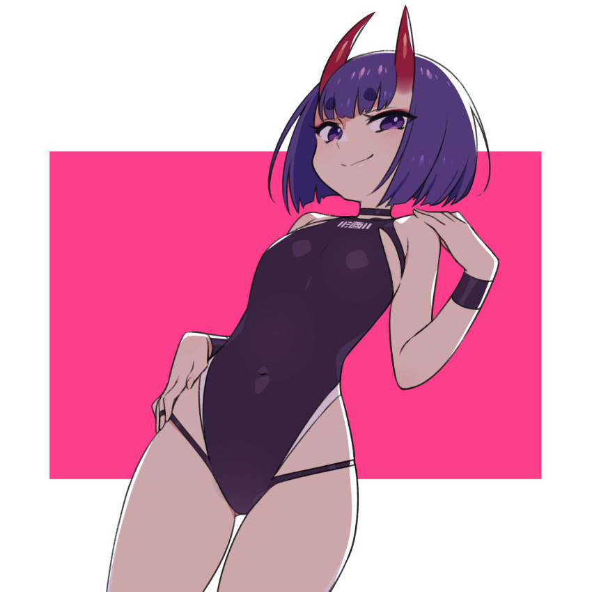 1girl bangs bare_shoulders black_swimsuit blush bob_cut breasts chan_co closed_mouth covered_navel eyeliner fate/grand_order fate_(series) highleg highleg_swimsuit highres horns looking_at_viewer makeup one-piece_swimsuit oni oni_horns pink_background purple_hair short_hair shuten_douji_(fate/grand_order) skin-covered_horns small_breasts smile swimsuit thighs two-tone_background violet_eyes white_background wristband