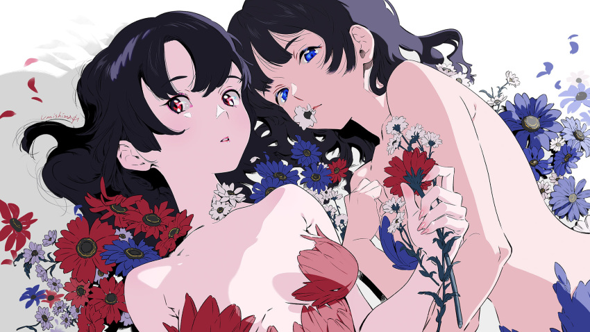 2girls bangs bare_back black_hair blue_eyes blue_flower breasts breasts_apart flower highres holding holding_flower long_hair looking_at_viewer medium_breasts multiple_girls original parted_lips pink_nails red_eyes red_flower shadow signature umishima_senbon upper_body white_flower