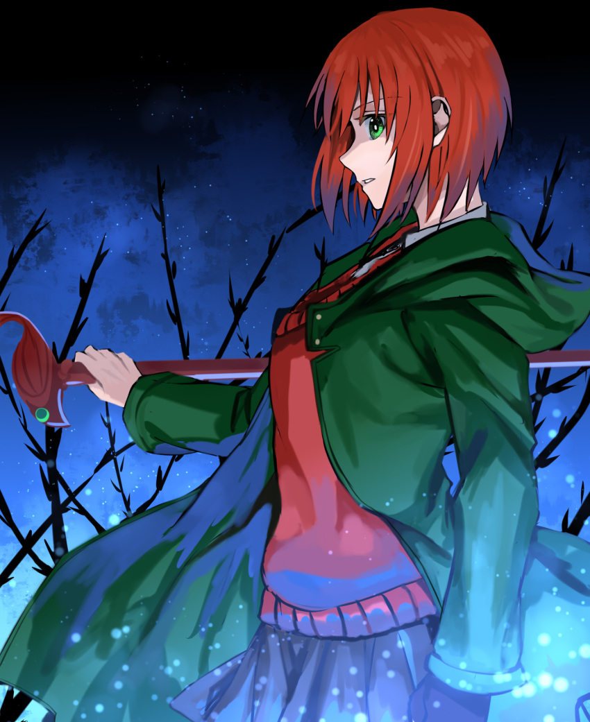 1girl bangs black_skirt coat delsaber from_side green_coat green_eyes hair_between_eyes hatori_chise highres holding holding_staff hood hood_down hooded_coat mahou_tsukai_no_yome miniskirt open_clothes open_coat parted_lips pleated_skirt profile red_sweater redhead shiny shiny_hair short_hair skirt solo staff standing sweater