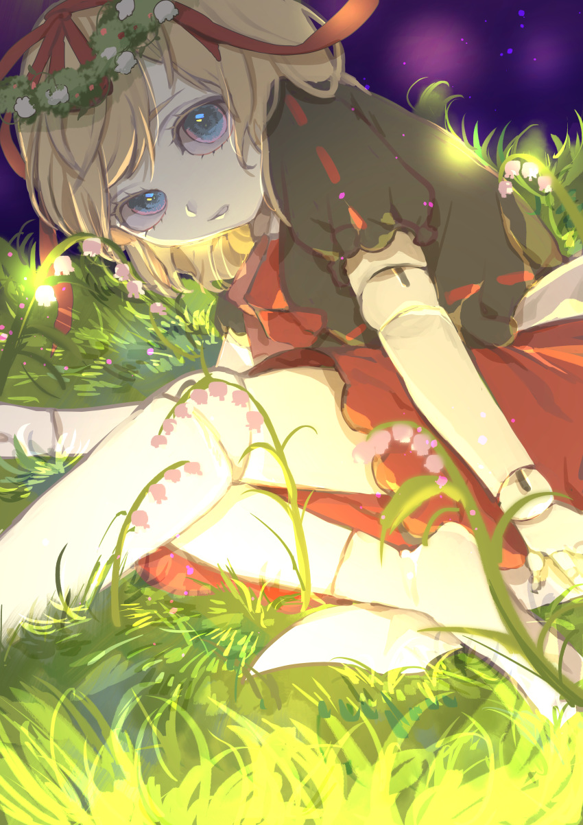 1girl absurdres arm_support bangs blonde_hair blue_eyes bow brown_shirt doll doll_joints flower flower_wreath frilled_sleeves frills glowing grass hair_ribbon head_tilt highres joints leaning_to_the_side light_particles lily_of_the_valley looking_at_viewer meadow medicine_melancholy mi_ri_000 nameless_hill on_grass on_ground parted_lips poison puffy_short_sleeves puffy_sleeves purple_sky red_neckwear red_ribbon red_skirt ribbon ribbon-trimmed_sleeves ribbon_trim sash shirt short_hair short_sleeves sitting sitting_on_ground skirt slouching solo swept_bangs touhou white_bow white_flower white_sash