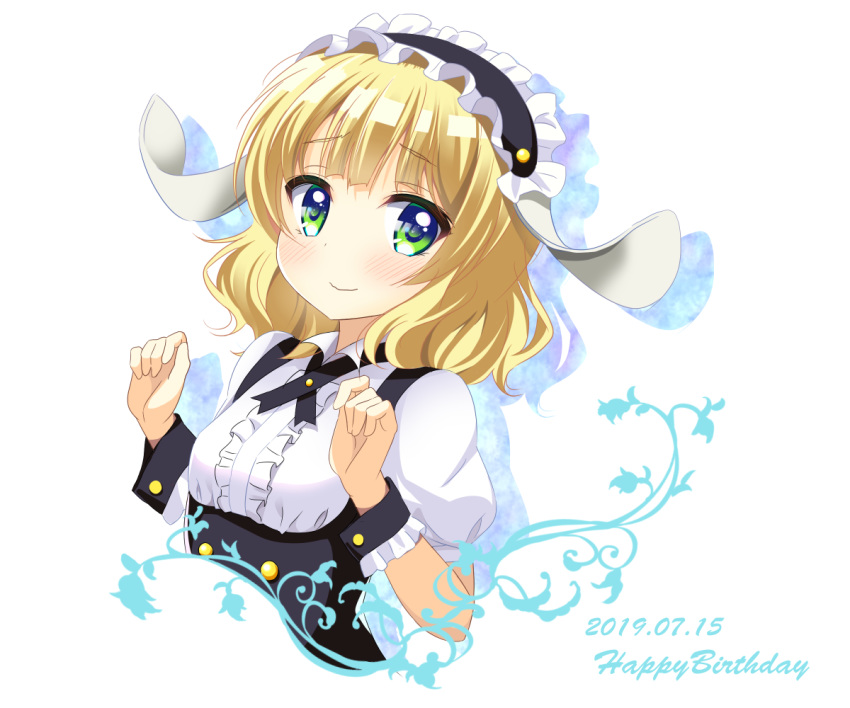 1girl 2019 bangs black_ribbon blonde_hair breasts cropped_torso dated dress_shirt eyebrows_visible_through_hair fleur_de_lapin_uniform gochuumon_wa_usagi_desu_ka? green_eyes happy_birthday kirima_sharo looking_at_viewer medium_hair neck_ribbon ribbon shiny shiny_hair shirt simple_background small_breasts solo tsuchinokokyumu upper_body white_background white_shirt wrist_cuffs