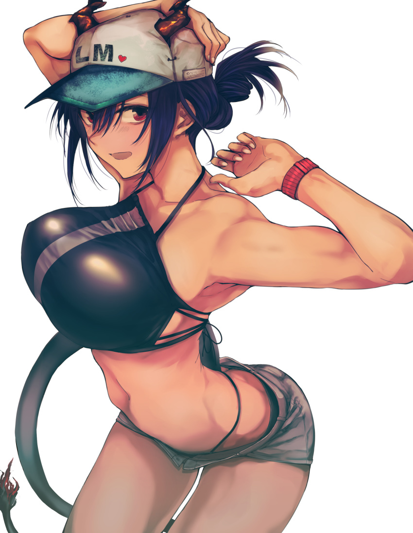1girl absurdres arched_back arknights armpits arms_up bangs baseball_cap bikini bikini_under_clothes black_bikini black_hair bracelet breasts brown_eyes ch'en_(arknights) cowboy_shot dragon_girl dragon_horns dragon_tail grey_shorts hand_on_own_head hat heart highres horns huge_breasts jewelry kojima_(blue_stardust) leaning_forward looking_at_viewer micro_shorts navel open_fly open_mouth short_hair shorts simple_background smile solo standing string_bikini swimsuit tail tied_hair white_background white_headwear