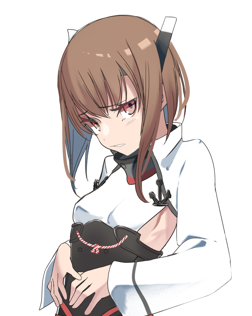 1girl absurdres bangs breasts brown_eyes brown_hair eyebrows_visible_through_hair headband headgear highres kantai_collection long_sleeves short_hair simple_background small_breasts solo taihou_(kantai_collection) tetuw upper_body white_background