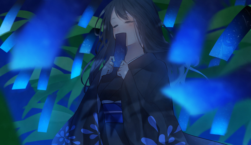 1girl black_hair black_kimono blush closed_eyes highres holding_tanzaku japanese_clothes kimono long_hair night night_sky original outdoors sky tanabata tanzaku tsuki_mitsu upper_body wide_sleeves