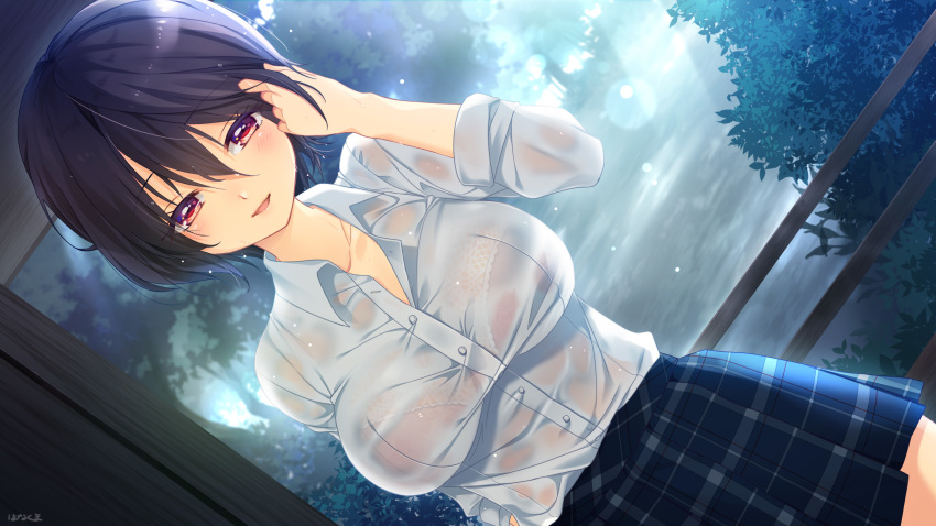 1girl black_hair blush bralines breasts collared_shirt dutch_angle eyebrows_visible_through_hair hair_between_eyes hanagumanasua hand_in_hair highres large_breasts looking_at_viewer medium_hair original parted_lips pleated_skirt red_eyes school_uniform see-through shirt shirt_tucked_in signature skirt smile solo sunlight tree wet wet_clothes wet_hair wet_shirt white_shirt