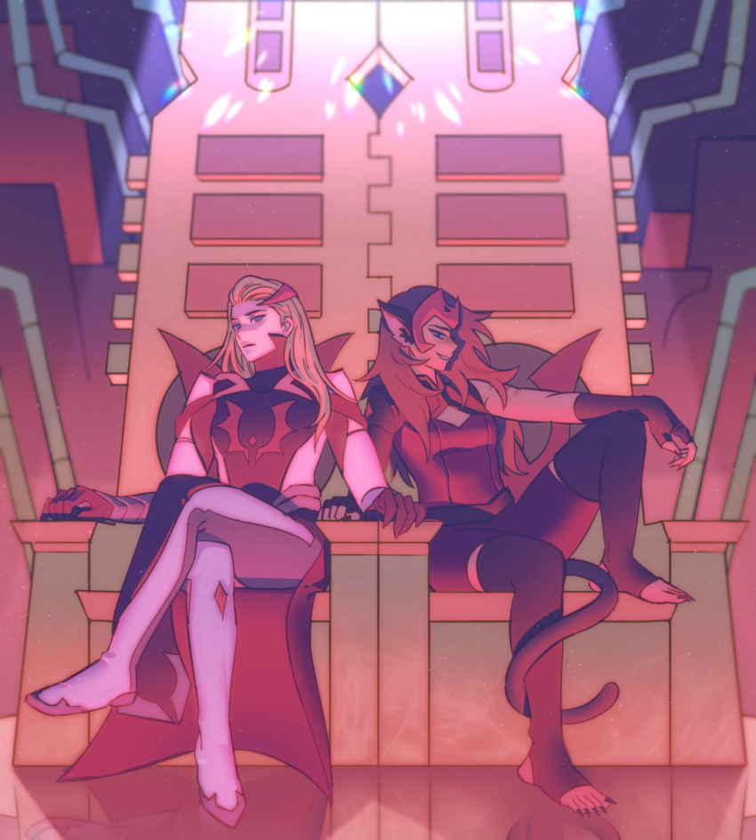 2girls adora_(she-ra) animal_ears bad_end blonde_hair brown_hair cape cat_ears cat_girl cat_tail catra crossed_legs full_body highres long_hair mondaykilly multiple_girls she-ra_and_the_princesses_of_power sitting tail throne