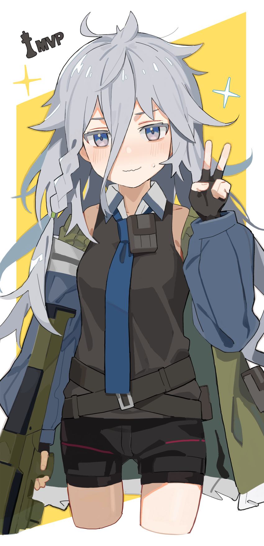 1girl absurdres bangs black_gloves black_shirt black_shorts blue_eyes blue_neckwear blush breasts chess_piece closed_mouth commission cropped_legs fingerless_gloves girls_frontline gloves grey_hair gun h&amp;k_xm8 hair_between_eyes highres holding holding_gun holding_weapon jacket long_hair messy_hair mvp necktie off_shoulder pouch shirt shorts simple_background sleeveless sleeveless_shirt small_breasts solo sweat v wavy_mouth weapon xm8_(girls_frontline) yuki_hotaru