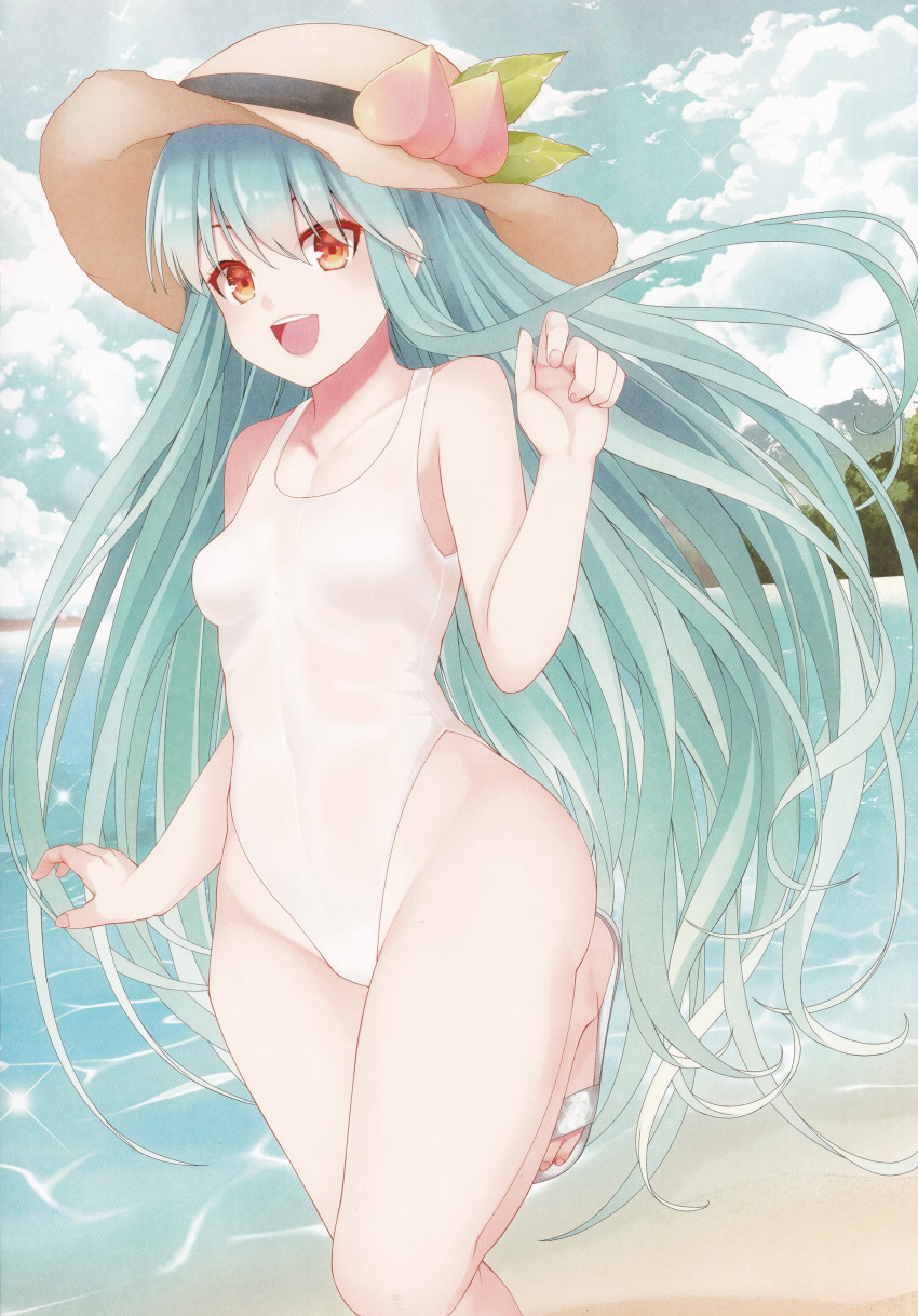 1girl :d absurdres bangs bare_shoulders beach blue_hair blue_sky blush breasts clouds collarbone covered_navel day fingernails food fruit hair_between_eyes hat highleg highleg_swimsuit highres hinanawi_tenshi leaf long_hair looking_at_viewer mikoma_sanagi nail_polish non-web_source ocean one-piece_swimsuit open_mouth outdoors peach red_eyes sand sandals scan sky small_breasts smile solo swimsuit toenail_polish toenails toes touhou upper_teeth water white_swimsuit