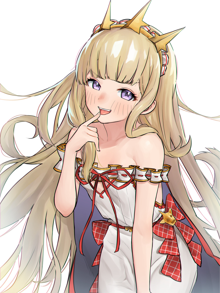 1girl absurdres bangs bare_shoulders blonde_hair blush breasts cagliostro_(granblue_fantasy) collarbone dress finger_to_chin granblue_fantasy highres long_hair looking_at_viewer nezuko off-shoulder_dress off_shoulder open_mouth simple_background small_breasts smile tiara very_long_hair violet_eyes white_dress