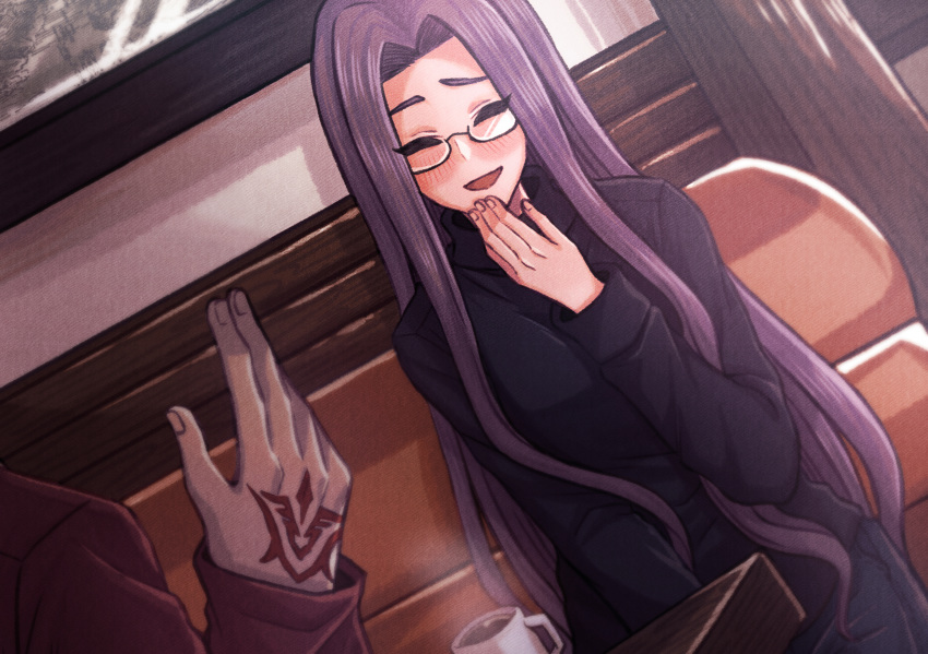 1girl artist_request bangs black_sweater blush breasts closed_eyes coffee_mug command_spell cup denim fate/stay_night fate_(series) forehead glasses highres jeans large_breasts long_hair long_sleeves mug open_mouth pants parted_bangs purple_hair rider sitting smile solo_focus sweater table turtleneck turtleneck_sweater very_long_hair