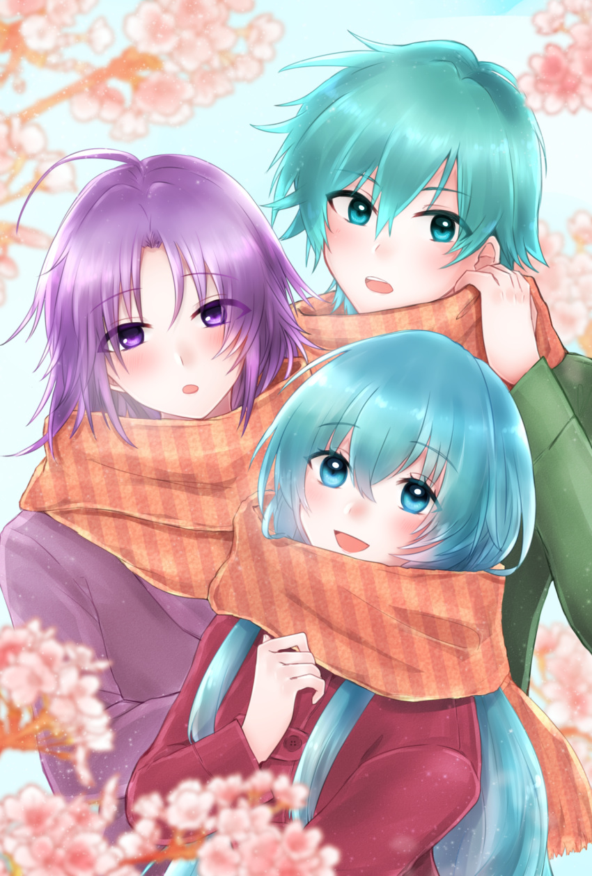 1girl 2boys 504723f :d ahoge bangs blue_eyes blue_hair blurry_foreground blush casual coat eirika_(fire_emblem) ephraim_(fire_emblem) eyebrows_visible_through_hair fire_emblem fire_emblem:_the_sacred_stones flower green_sweater hair_between_eyes hair_intakes highres long_hair long_sleeves looking_at_viewer lyon_(fire_emblem) multiple_boys open_mouth orange_scarf pink_flower purple_hair purple_sweater red_coat scarf shiny shiny_hair smile striped striped_scarf sweater very_long_hair violet_eyes