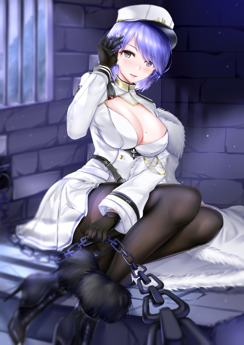 1girl absurdres arm_up azur_lane black_gloves blue_eyes blue_hair blush breasts chain chapayev_(azur_lane) coat_dress eyebrows_visible_through_hair gloves hair_ornament hairclip hat highres holding_chain jacket large_breasts looking_at_viewer military_hat mole mole_on_breast open_mouth pantyhose peaked_cap prison short_hair sitting smile solo sorayo_noriyuki white_headwear white_jacket window