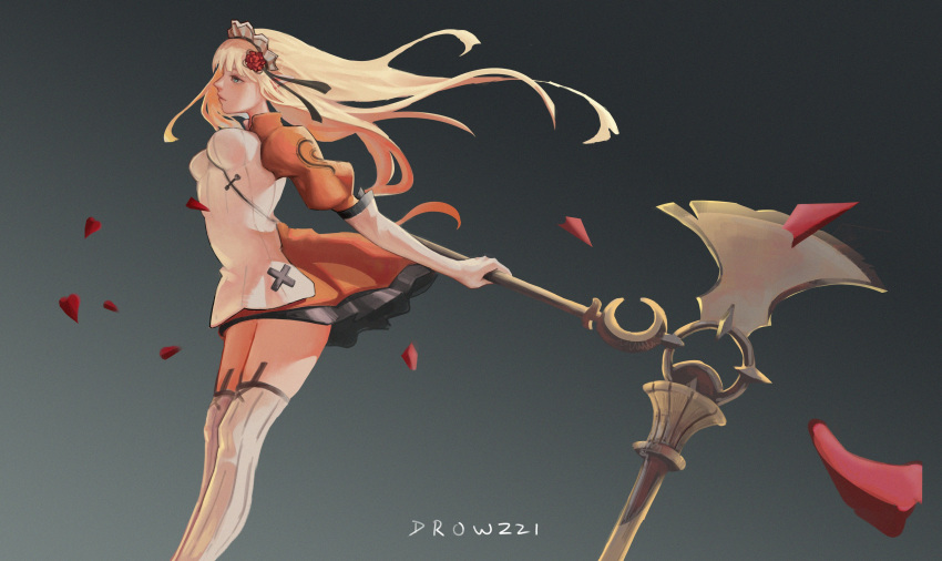 1girl absurdres artist_name axe blonde_hair blue_eyes breasts character_request drowzzi elbow_gloves flower from_side gloves grey_background hair_flower hair_ornament highres juliet_sleeves long_hair long_sleeves mahou_arms medium_breasts petals puffy_sleeves rose rose_petals solo thigh-highs thighs