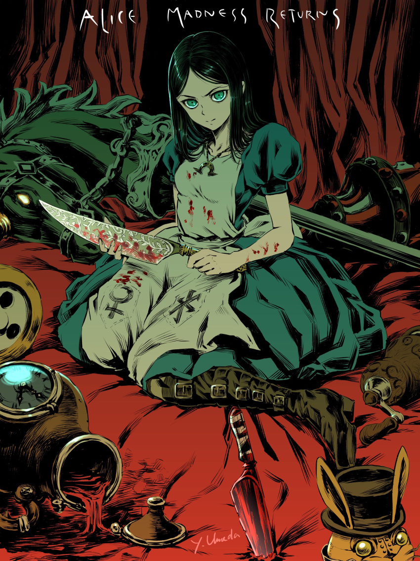 1girl absurdres alice:_madness_returns alice_(wonderland) alice_in_wonderland american_mcgee's_alice apron black_hair blood boots breasts closed_mouth dress green_eyes highres jewelry knife long_hair looking_at_viewer necklace solo striped striped_legwear ume_(yume_uta_da) weapon