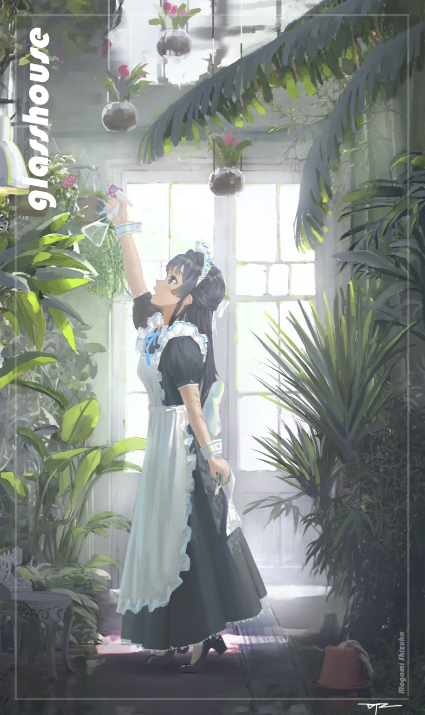 1girl apron arm_up blue_bow blue_eyes blue_hair blue_neckwear border bow chair character_name chinese_commentary english_text full_body greenhouse half_updo hanging_plant high_heels highres idolmaster idolmaster_million_live! indoors maid maid_apron maid_dress maid_headdress mogami_shizuka oofujiko open_mouth plant profile signature stretch sunlight wrist_cuffs