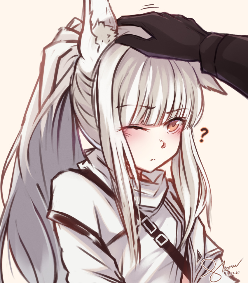 1girl ? absurdres animal_ear_fluff animal_ears arknights blush cloak eyebrows_visible_through_hair highres horse_ears horse_girl long_hair one_eye_closed petting platinum_(arknights) shtooru simple_background solo white_background white_cloak